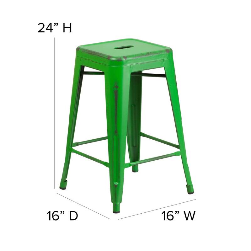 24" High Backless Distressed Metal Indoor-Outdoor Counter Height Stool
