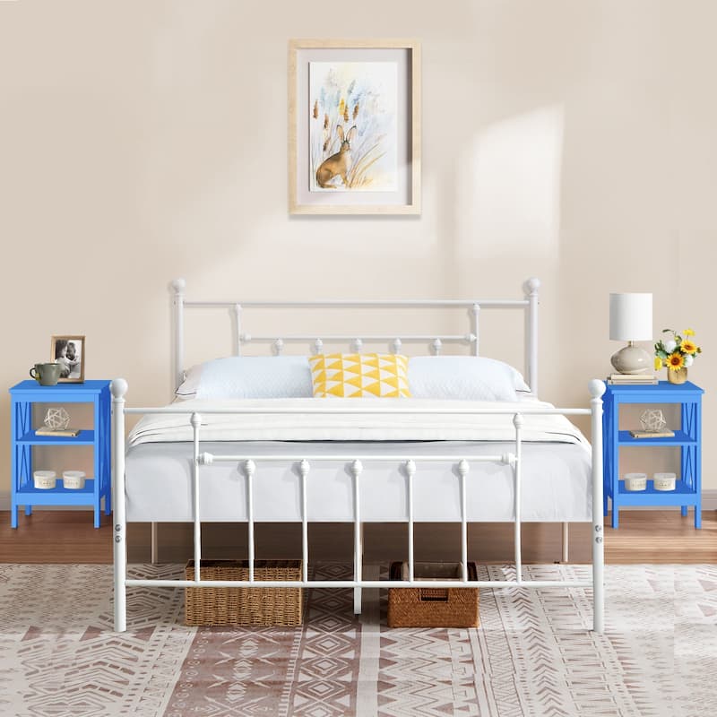 3-Pieces Bedroom Set with Platform Bed Frame and 2 Dark Blue Nightstands - White+Dark Blue - Full