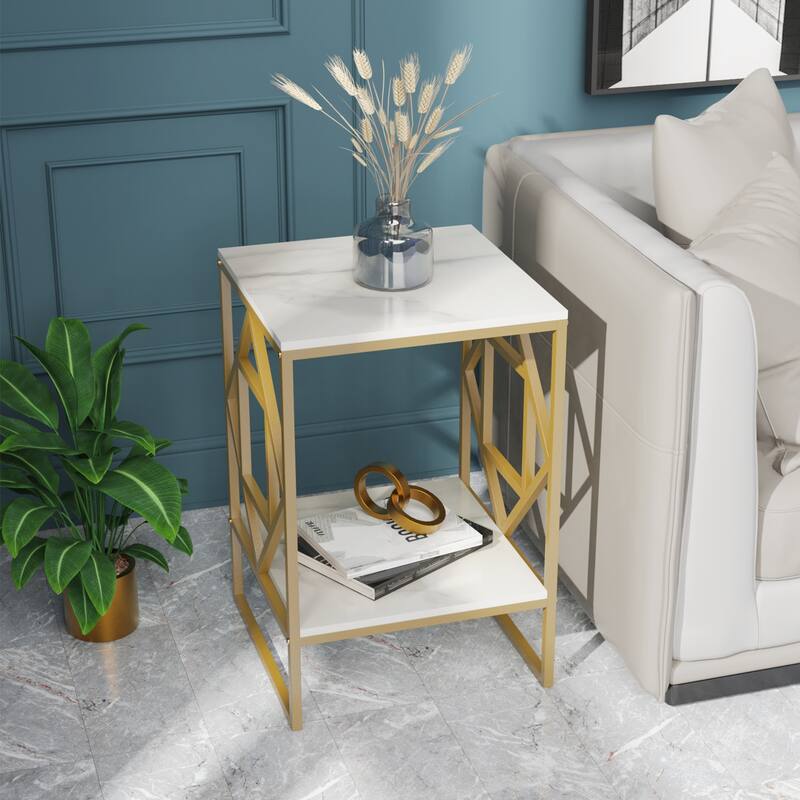 Sintered Stone End Coffee Table 2 Tier Side Table With Storage Shelf - 15.75x15.75x22.83 inch - White + Golden