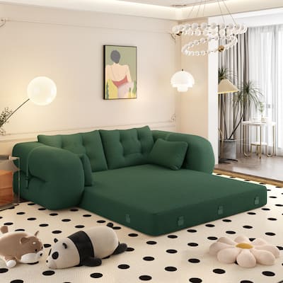 78.7" Multi-Functional Foldable 3-in-1 Teddy Fabric Sofa Bed, Green
