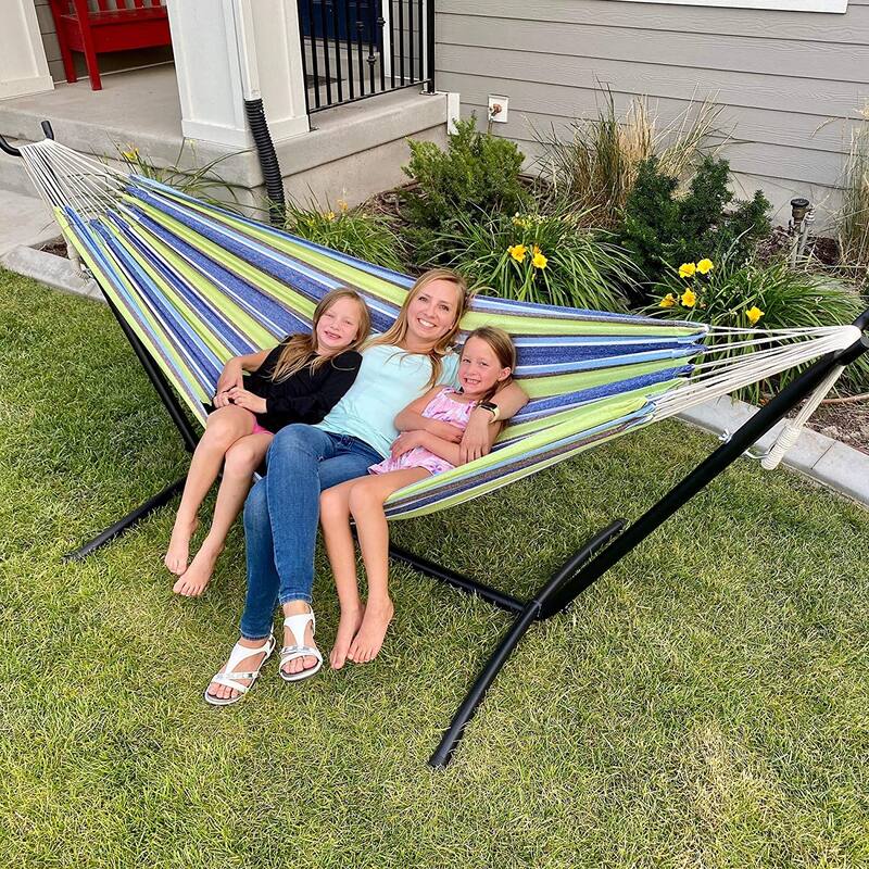 Double Cotton Hammock with Heavy Duty Steel Stand
