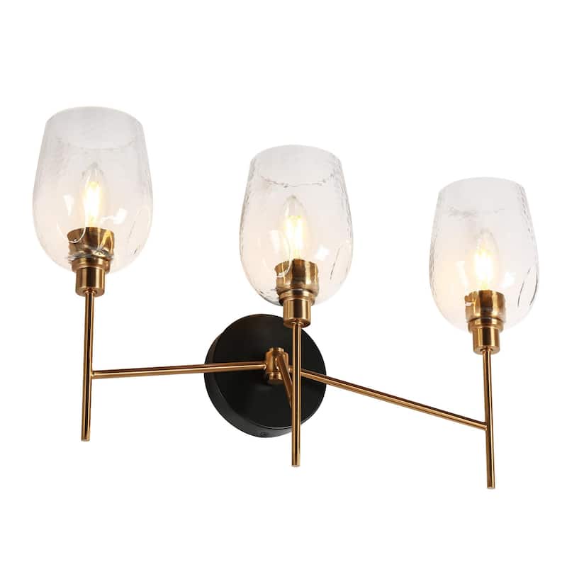 Denan Modern Glam Black Gold 3-Lights Bathroom Vanity Lights Bedroom Wall Sconces with Textured Glass