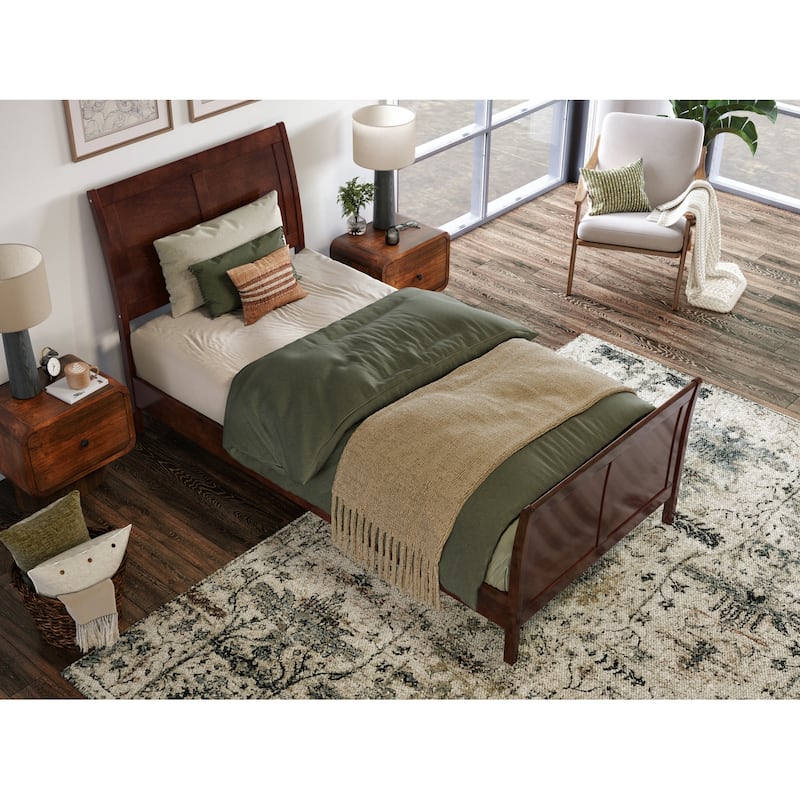 Twin XL Platform Bed Wood Sleigh Bed Low Profile Modern Bed Walnut Finish