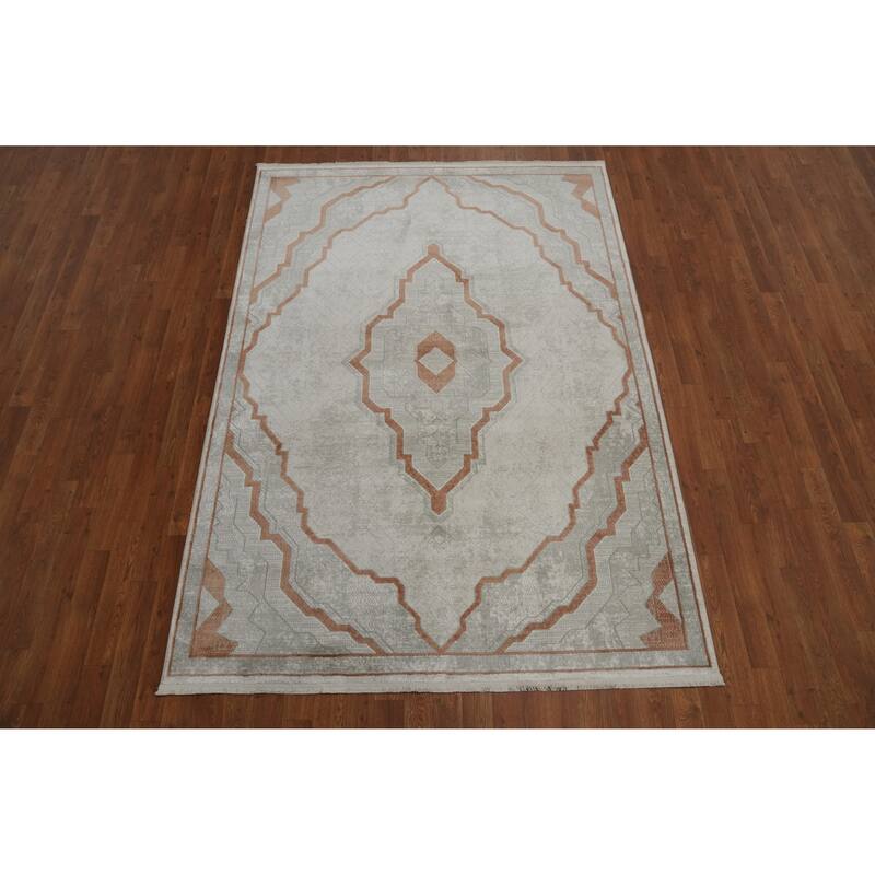 Machine Made Oriental Polyester Carpet Traditional Medallion Beige & Ivories Tabriz Area Rug - 7' 5'' X 5' 2''