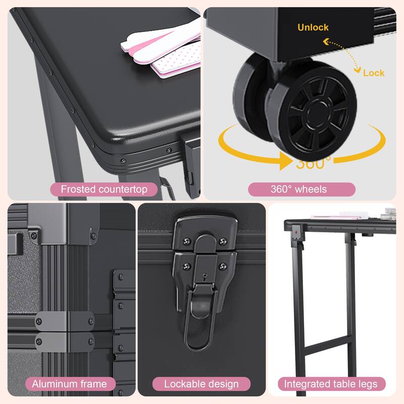 Portable Nail Art Table w/ LED Mirror, Bluetooth, Lockable Drawers, Telescopic Pole - Folding Manicure Station for Salons