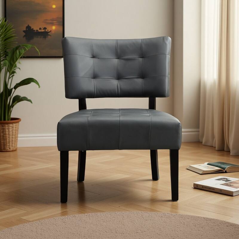 Faux Leather Tufted Accent Chair with Oversized Seating and Wooden Legs - Gray