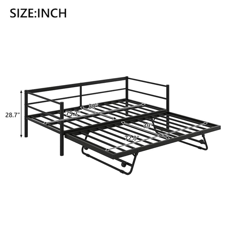 Twin Size Metal Daybed with LED, Adjustable Trundle, Black