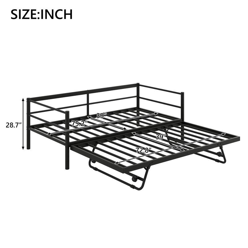 Twin Size Metal Daybed with LED and Adjustable Trundle, Pop Up Trundle