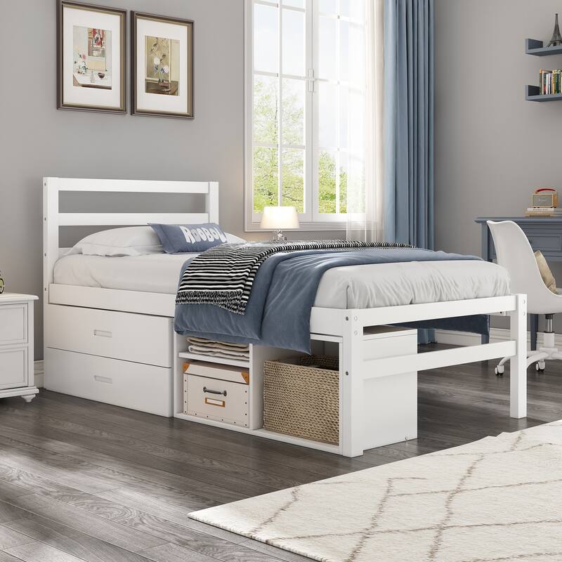 Wood Bed with Removable Shelves & 2 Storage Drawers