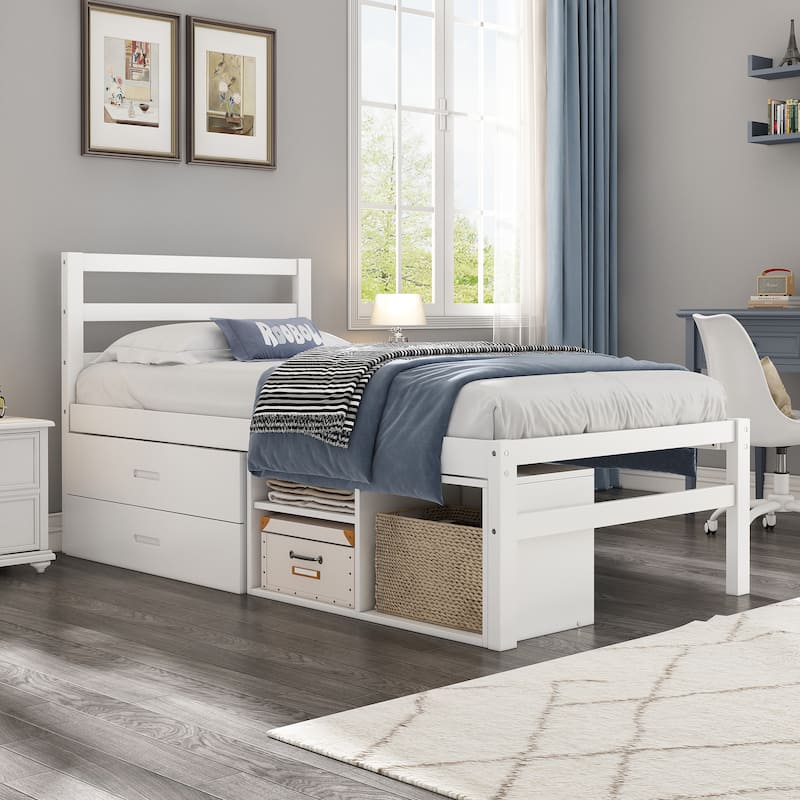 Wood Platform Bed with Removable Storage Shelves and Two Drawers