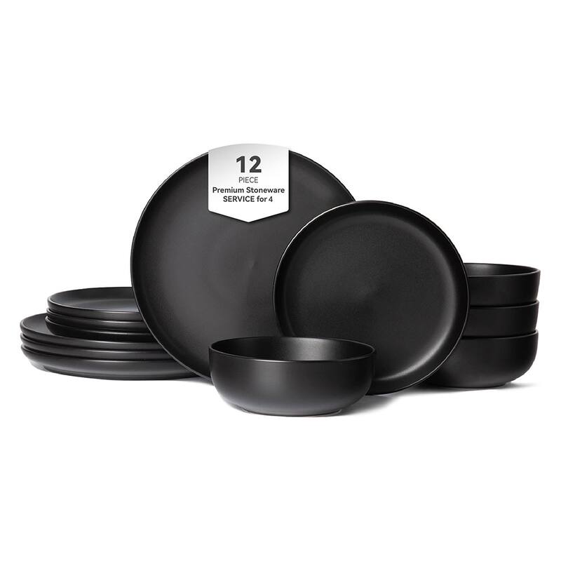 12PCS Stoneware Dinnerware Set, Microwave Dishwasher Safe Stackable - Black