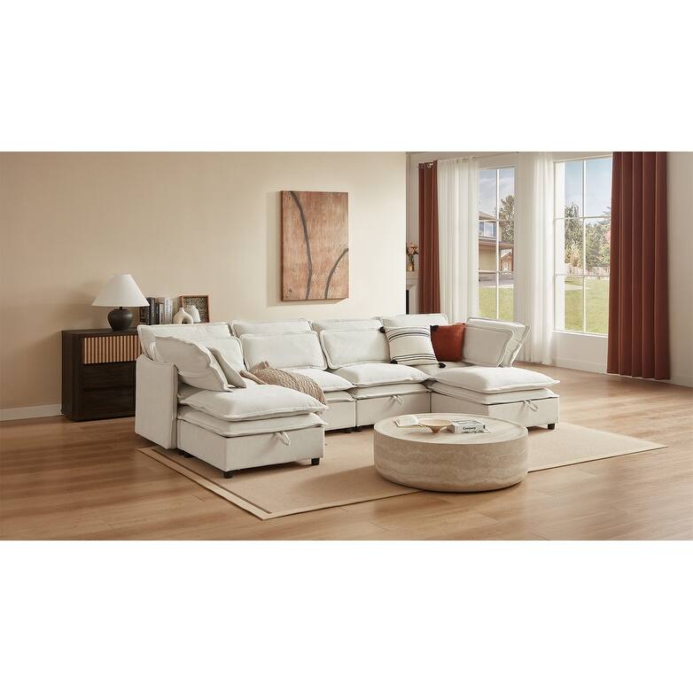 U-Shaped Modular Sectional Sofa with 2 Storage Ottomans, Convertible Sectional Sofa Bed, 6 Seater Sofa with Throw Pillows