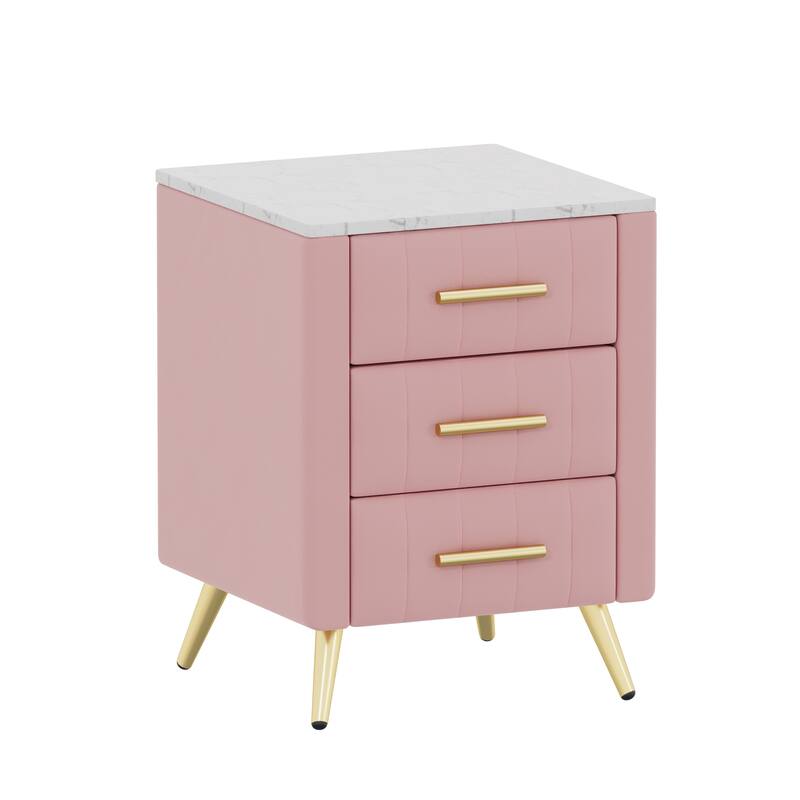 Upholstered Wooden 3-Drawer Nightstand - Metal Legs/Handles + Marbling Sticker Top Bedside Table (Pink)