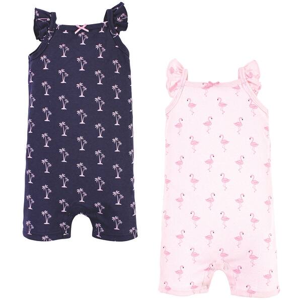 slide 1 of 1, Hudson Baby Infant Girl Cotton Rompers, Flamingo 0 - 3 Months - Blue/Pink