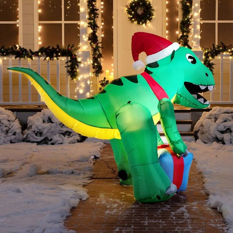 5 ft. Tall Green, Red & Blue Plastic Christmas Dinosaur with Hat Inflatable - Green
