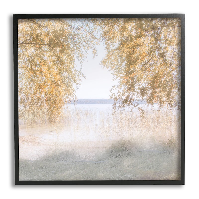 Stupell Lake Shore Yellow Foliage Trees Distant Mountains Framed Wall Art - White - 17 x 17 - Black
