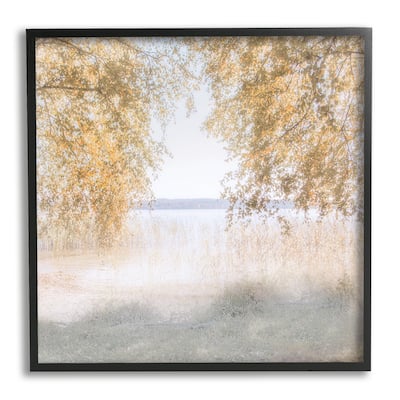 Stupell Lake Shore Yellow Foliage Trees Distant Mountains Framed Wall Art - White