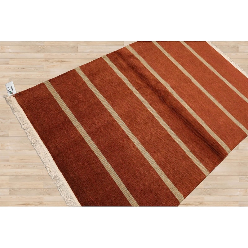 Hand Knotted Tibetan Orange Striped Wool Modern Oriental Area Rug - 4' x 6'