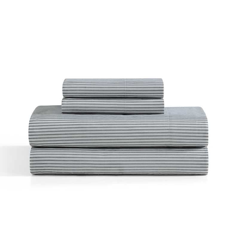 Tommy Hilfiger Printed Cotton Percale Sheet Set - Highland Ticking Stripe Navy - King