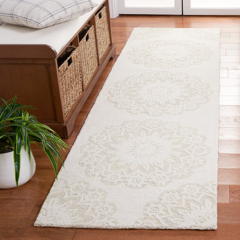 SAFAVIEH Handmade Blossom Oriella Modern Floral Wool Rug - 2'3" x 8' Runner - Ivory/Grey