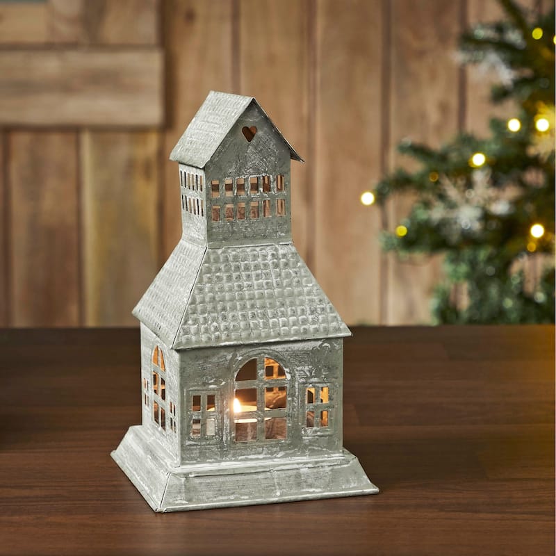 Tealight Holder Metal Village House A Antique Grey 9.5x5.5x5.5 - N/A