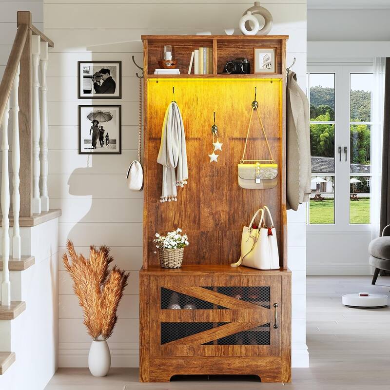 Hall Tree w/ Bench Shoe Storage Shoe Cubby Barn Door Adjustable Shelf