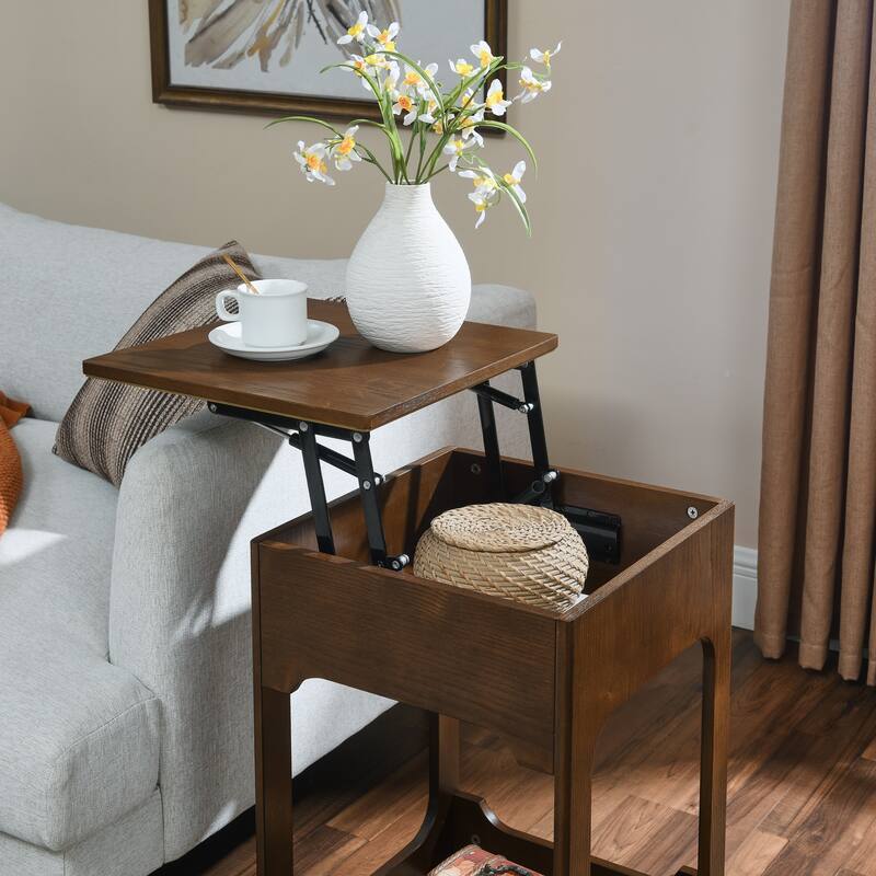 Mid Century Modern Lift Top Side Table with Storage Shelf