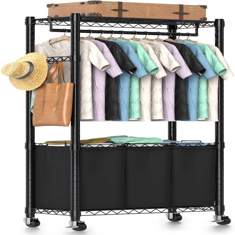 Rolling Laundry Basket Organizer with Wheels and Hanging Bar - 14.17"D x 31.1"W x 72.8"H