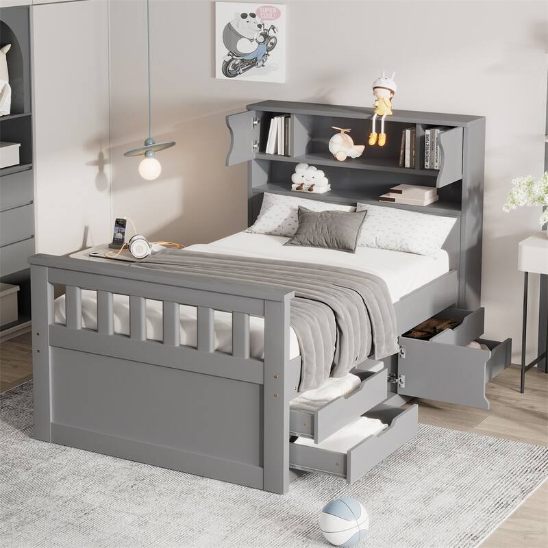 Twin Size Captain Platform Bed Frame with Storage Bookcases & Shelves