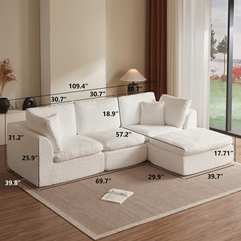 110" Modular L-Shape Cloud Sectional Sofa with Ottoman, 7 Pillows & Non-Slip Design