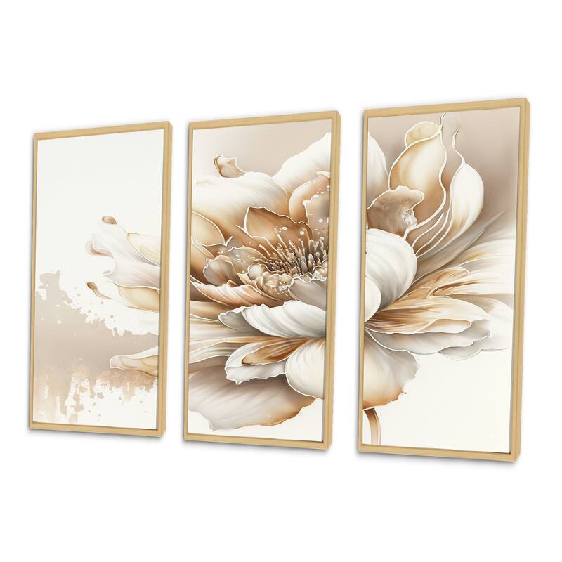 Designart "Blooming Beige Floral Design I" Floral Framed Canvas Art Print - 3 Panels