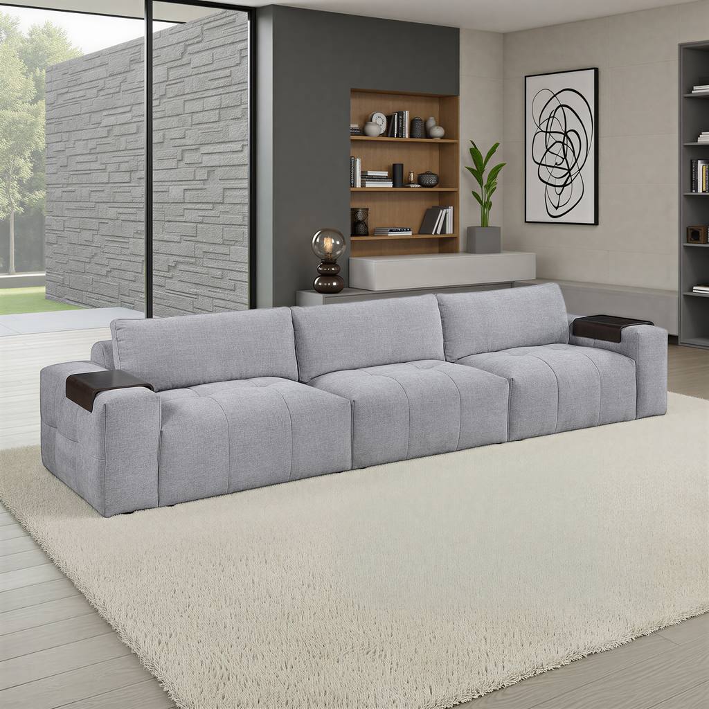 Mackay 154" Textured Fabric Sofa with Wooden Armrest Tray & Tufted