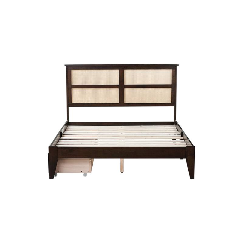 Full Size Bed with Rattan Headboard and Two Drawers