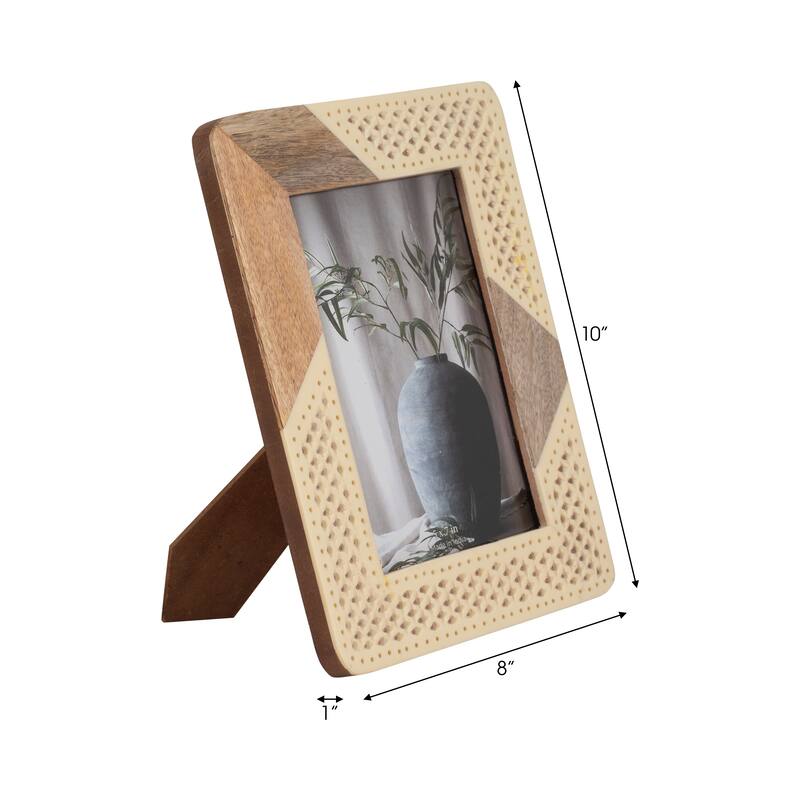 Sagebrook Home Modern Neutral Resin Ivory/Natural Wood and Woven Photo Frame