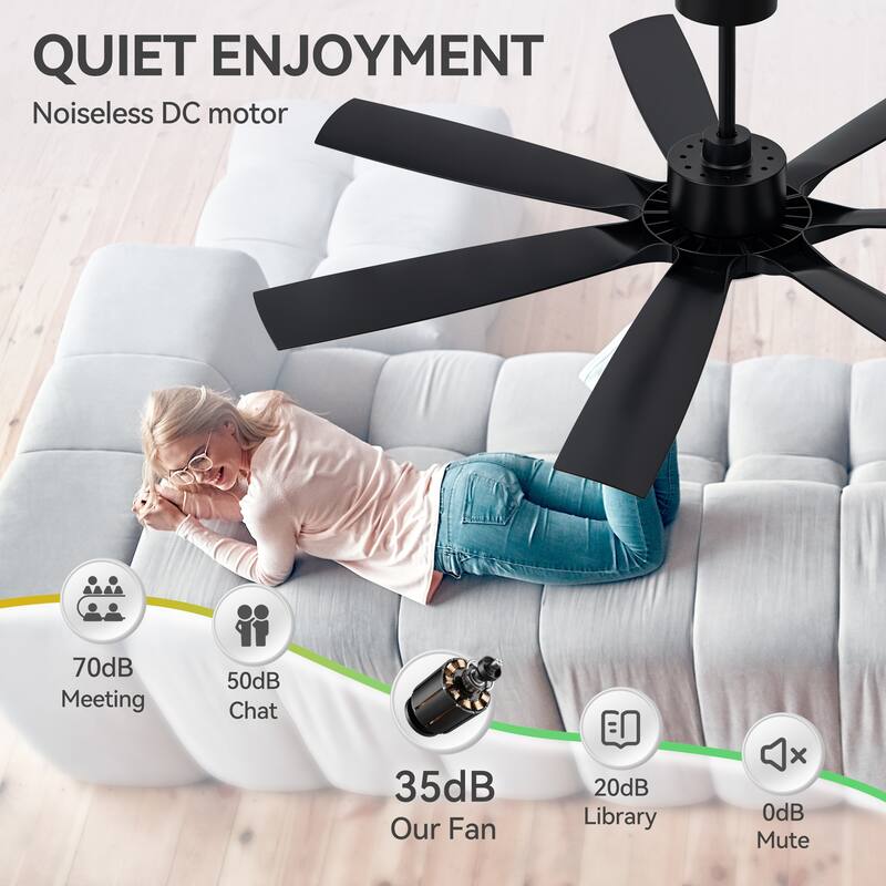 60" Mattle Black ABS 7-Blade LED Ceiling Fan with Light and Remote