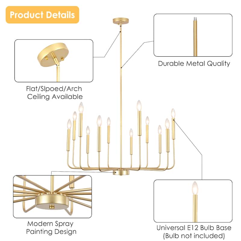 31.49" Wide Modern 12- Light Classic Chandelier, Living Room Metal Dimmable Candle Style Chandelier for Kitchen Dining Room