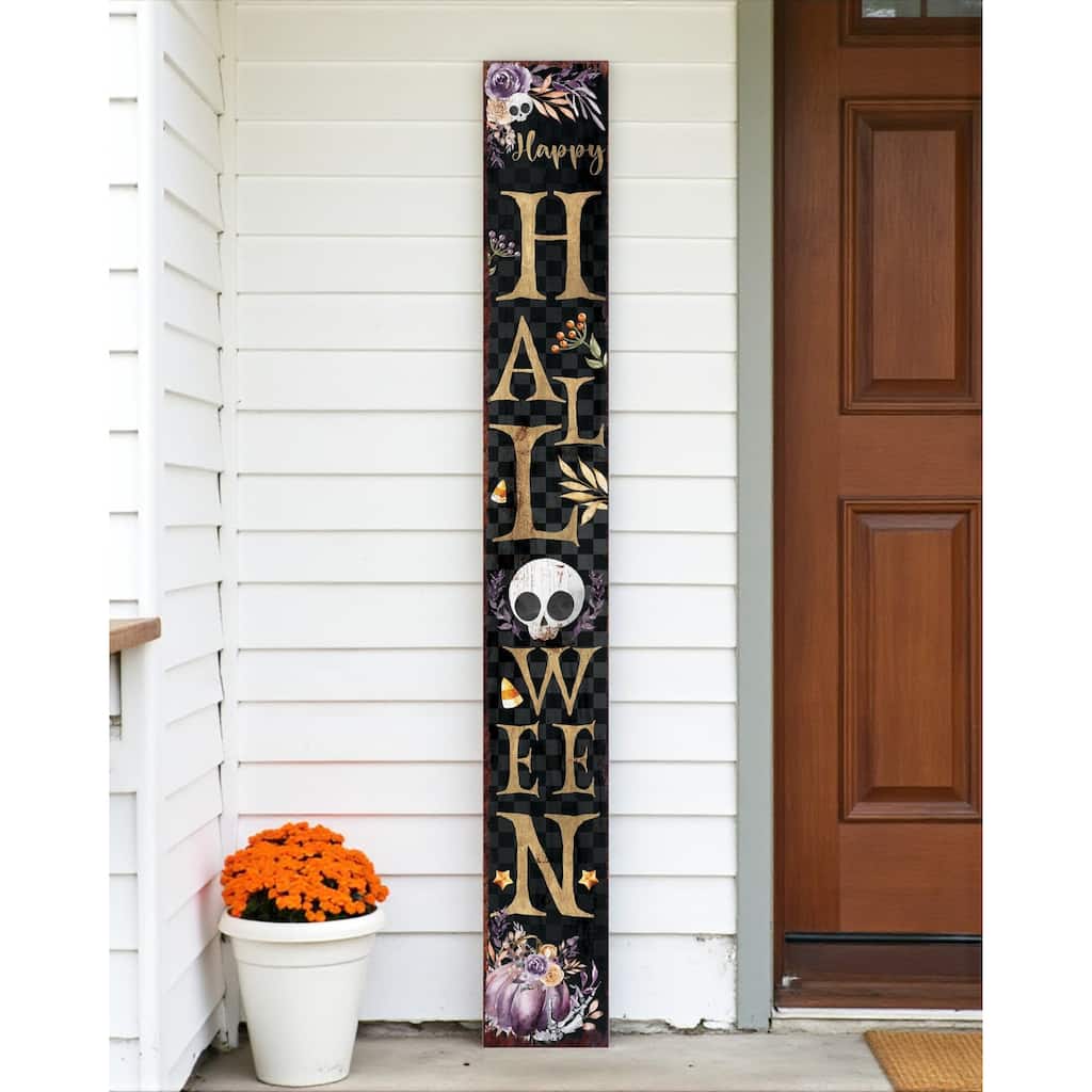 HomeRoots 72" Black Gold And Purple Solid Wood Halloween Halloween Skull Porch Sign