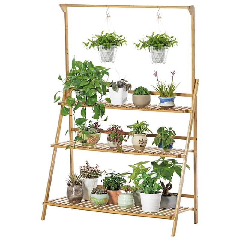3 Tier Bamboo Hanging Plant Stand Ladder Flower Rack Hanging Baskets