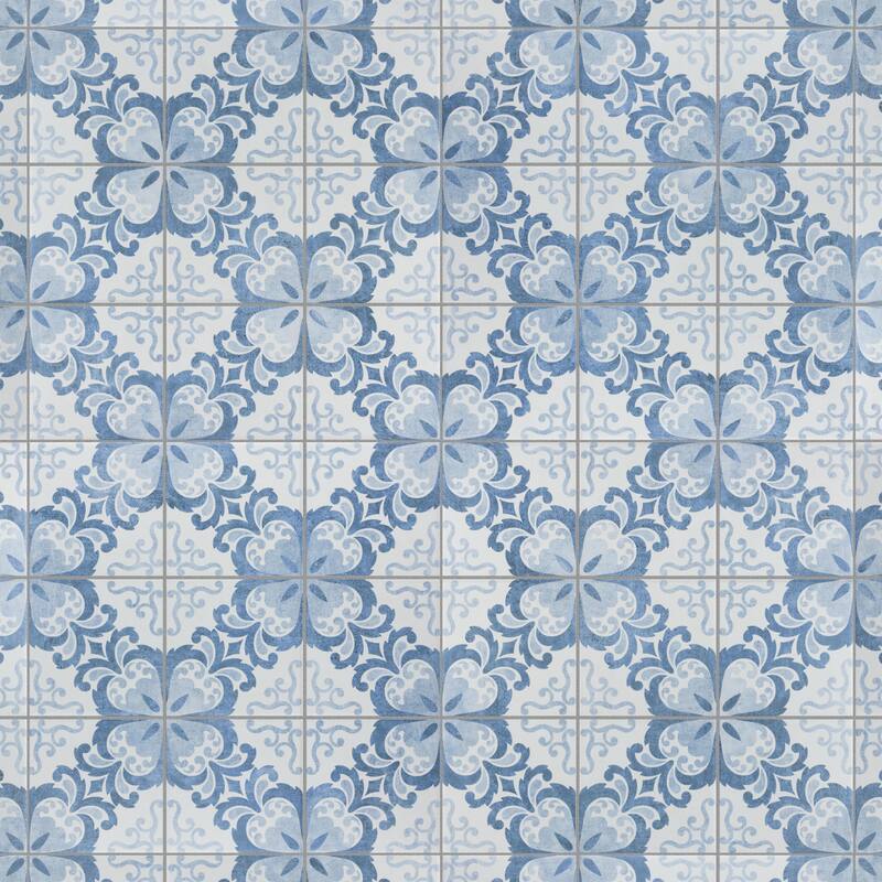 Merola Tile Harmonia Floral Lattice Blue 13" x 13" Ceramic Floor and Wall Tile