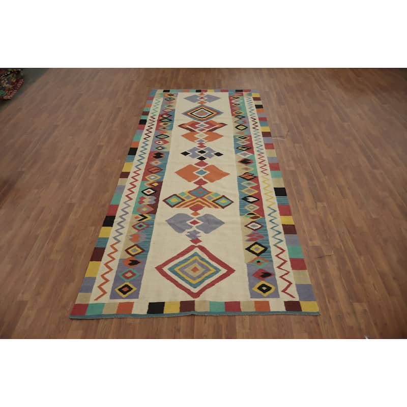 Hand Woven Oriental 100% Wool Carpet Southwestern Modern Beige & Ivories Kilim Area Rug - 12' 0'' X 5' 1''