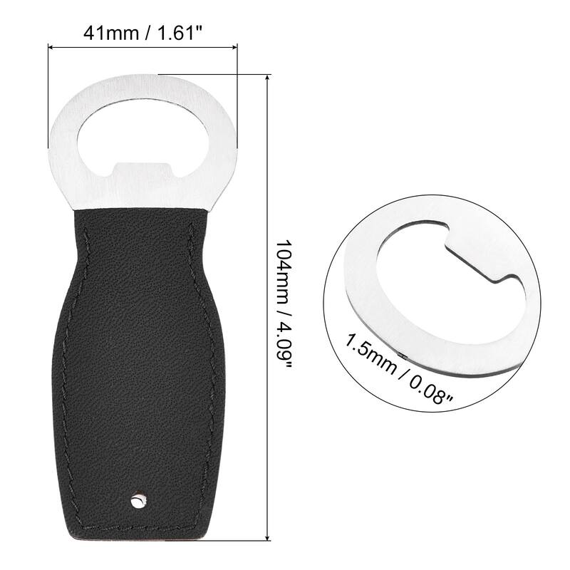 Bottle Opener, 4" - Stainless Steel Beer Opener with Leather Handle - Black - 1pcs