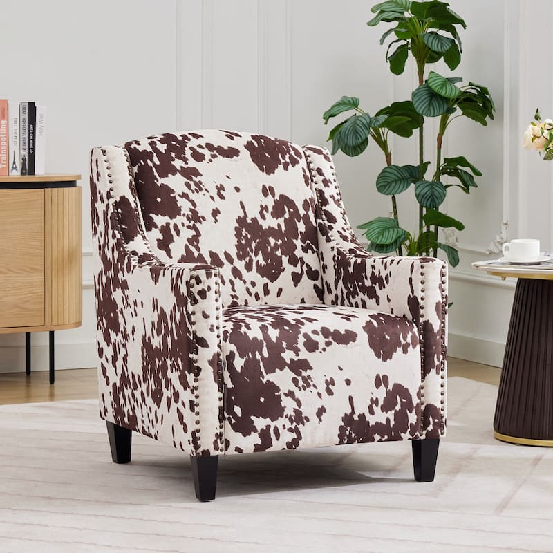Comfy Accent Chair Single Seat Reception Chair Brown White Arm Chair with Tufted Backrest and Wooden Legs