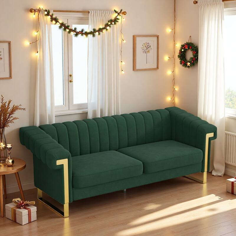 Velvet Sofa Couch for Living Room, Modern Loveseat Couch with Gold Accents, Apartment Chesterfield Sofa - Green