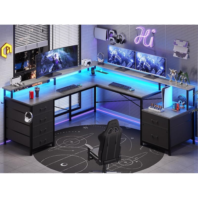 L Shaped Home Office Desk with 6 Drawer File Drawer Power Outlet