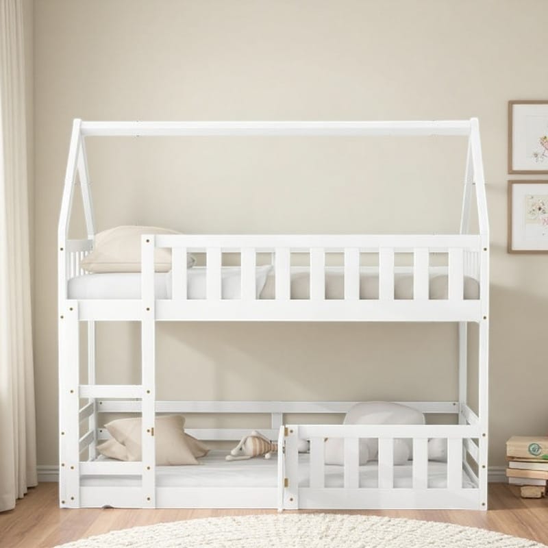 Twin Wooden House Bunk Bed with Fence & Play Door, Low Profile Pine Frame Kids Bed