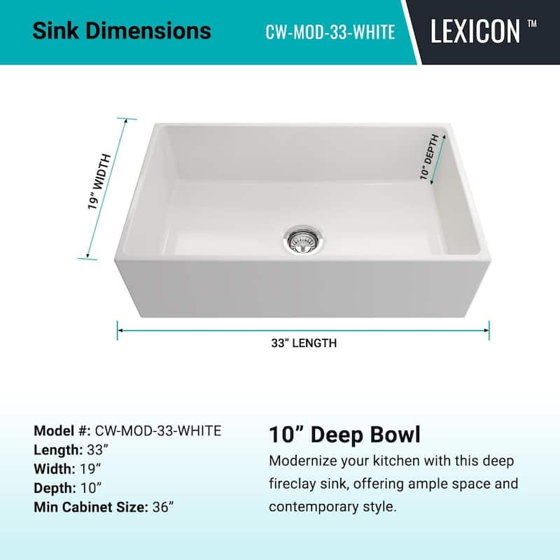 33" Fireclay Kitchen Sink, Crestwood Farmhouse Sink, White Fireclay Kitchen sink, Single Bowl Apron Front, Plain... - 33"x19"