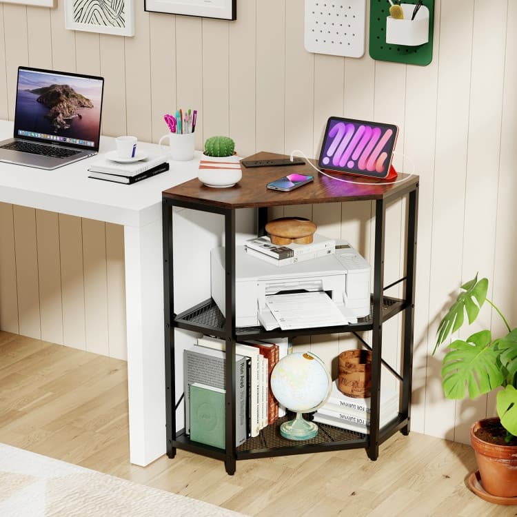Metal and Engineered Wood Corner Printer Table with Power Strip and Adjustable Shelves - 20" L x 20" W x 31" H