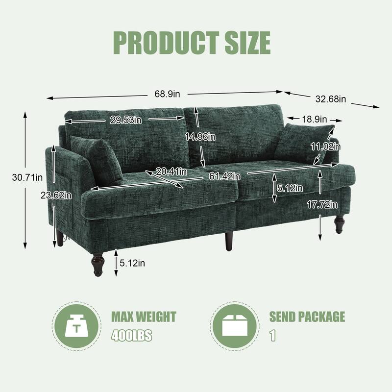 Modern Style Chenille 2-Seater Wood-Legged Sofa With Led Light,USB Charging Port And Storage Bag Living Room Bedroom Study Room