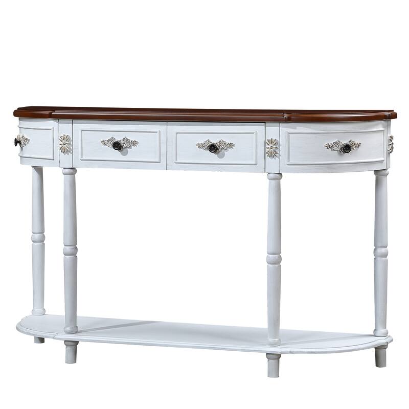 Curved Wood Console Table Sofa Table with Open Shelf and Drawers