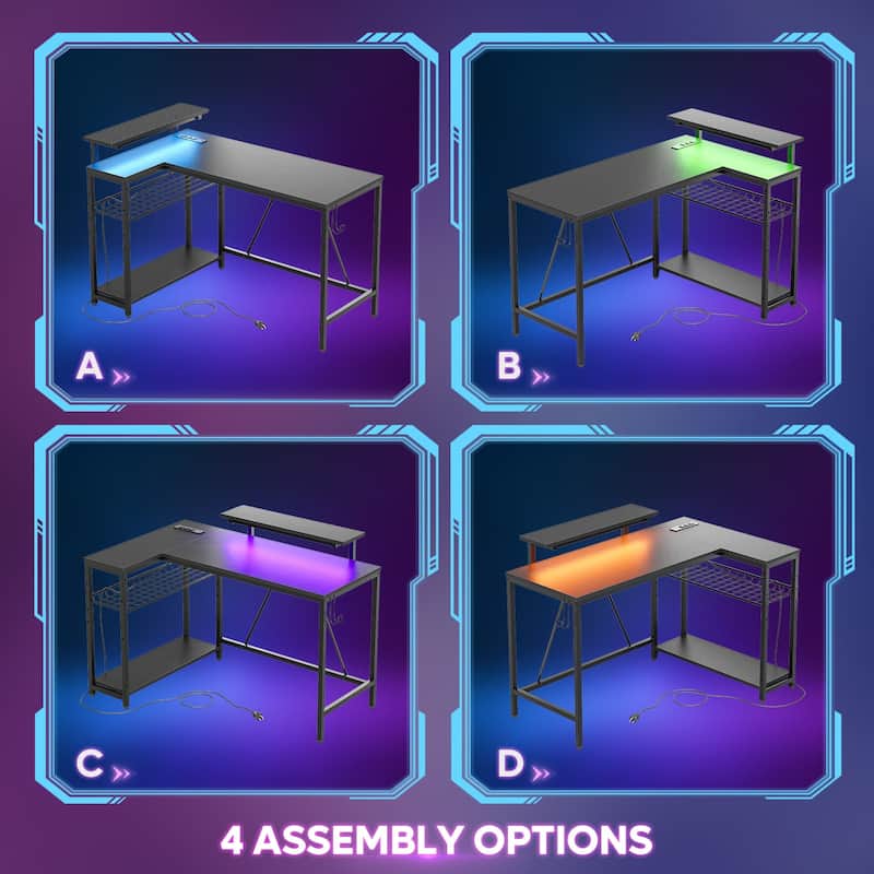 48inch L shaped computer desk with power outlet , Led Gaming desk with Monitor stand